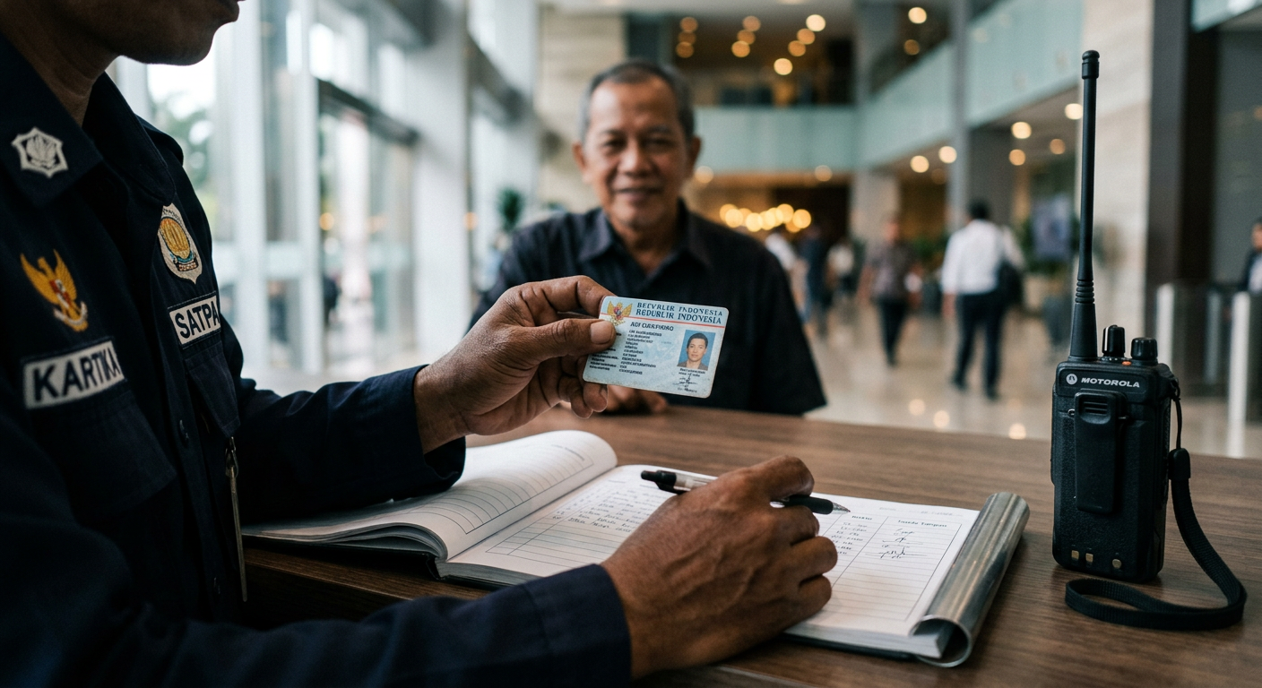 Petugas keamanan memeriksa kartu identitas pengunjung di meja resepsionis lobi.