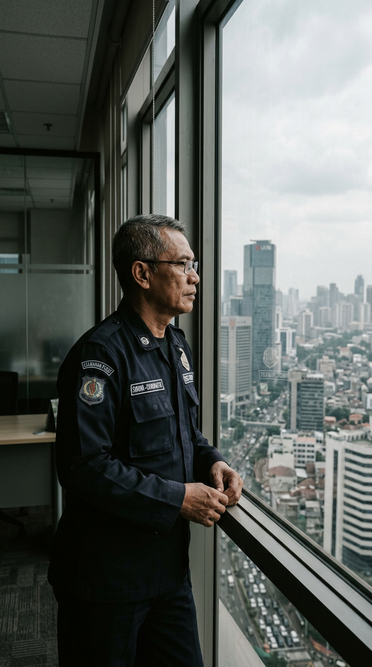 Koordinator operasional keamanan senior memandang kota dari jendela gedung tinggi.