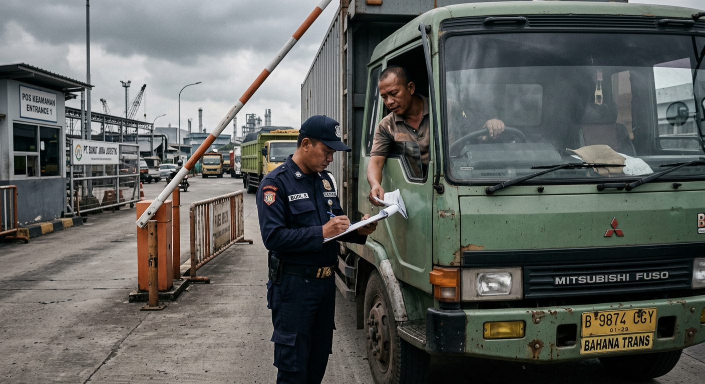 Petugas keamanan memeriksa truk yang tiba di gerbang site industri.