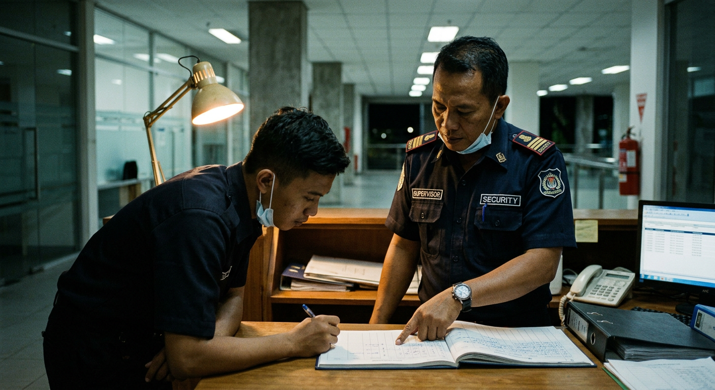 Supervisor shift meninjau buku patroli dengan petugas keamanan di pos malam.
