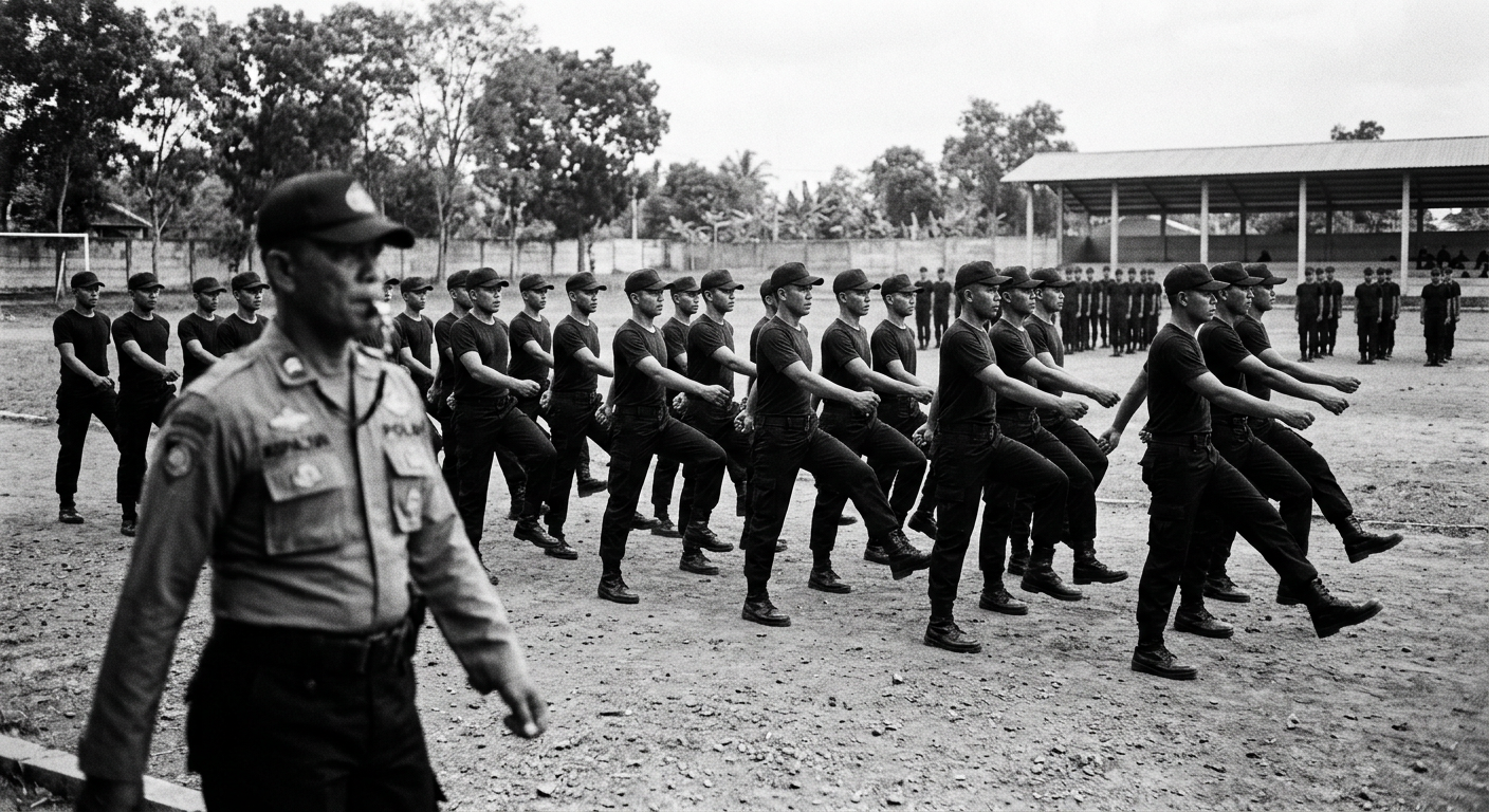 Peserta pelatihan keamanan melakukan latihan disiplin baris-berbaris di lapangan outdoor.